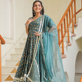 Teal Blue Cotton Printed Anarkali Set