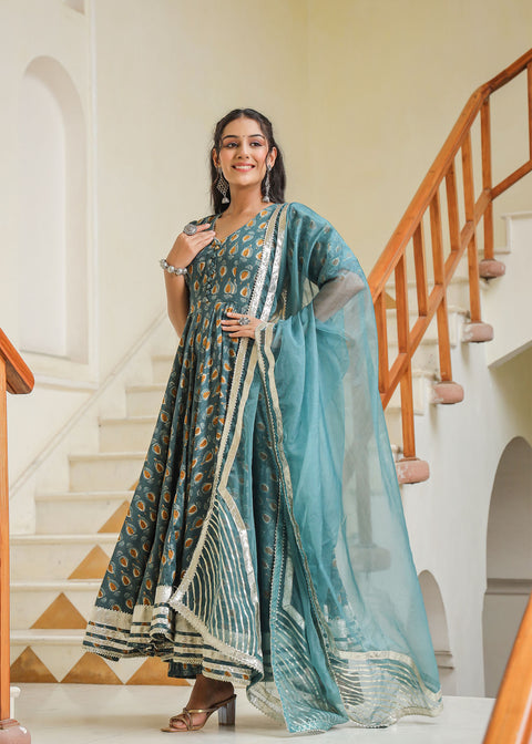 <img> Teal Blue Cotton Printed Anarkali Set
