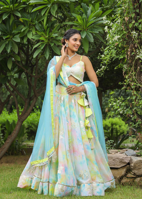 <img> Multicolour Georgette Floral Embroidered Lehenga Set