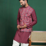 Red Cotton Blend Kurta Set With Printed Nehru Jacket