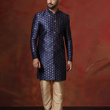 Dark Blue Printed Cotton Blend Sherwani Set