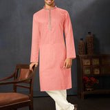 Peachy Pink Cotton Kurta Set With Embroidered Neck