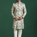 Ash Grey And White Cotton Blend Printed Sherwani Set