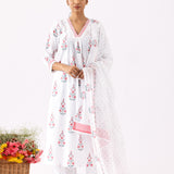 Ivory A-Line Cotton Kurta With Block Print And Palazzo Set