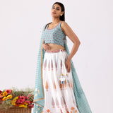 Foil Print Aqua Blue Chanderi Lehenga Set
