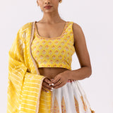 Foil Print Yellow Chanderi Lehenga Set