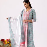 Block Print Cotton Aqua Blue Anarkali With Palazzo Set