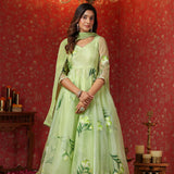 Soft Green Organza Floral Printed Anarkali Set