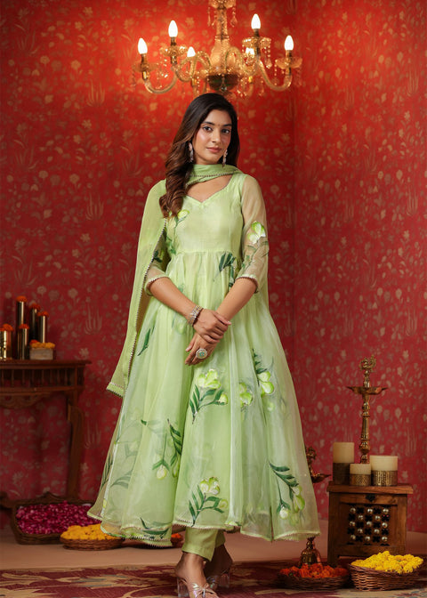 <img> Soft Green Organza Floral Printed Anarkali Set