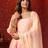 Peach Chanderi Floral Printed Anarkali Set