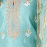 Turquoise Blue Foil Block Print Kurta Sharara Set With Dupatta