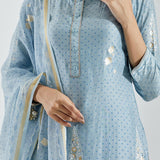 Printed Light Blue Kurti Set With Golden And Silver Floral Design