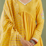 Mustard Yellow Cotton Silk Anarkali Suit Set With Floral Design