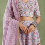 Floral Printed Soft Lilac Chanderi Lehenga Set
