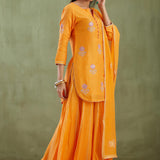Orange Kurta Sharara Set With Gold Lace Work Bottom