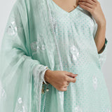 Printed Light Blue Kurti Set With Silver Floral Design