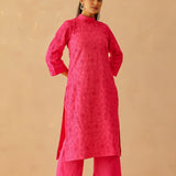 Fuchsia Pink Cotton Santoon Embroidered Kurti Set