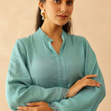 Teal Green Cotton Santoon Solid Kurti Set