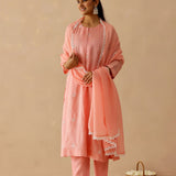Peach Russian Silk Embroidered Kurti Set