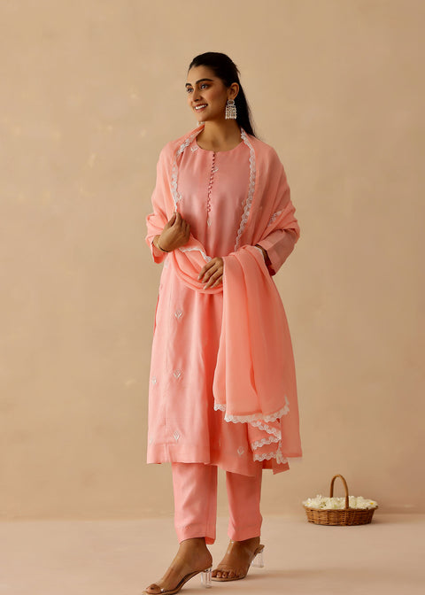 <img> Peach Russian Silk Embroidered Kurti Set