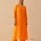 Bright Orange Russian Silk Solid Kurti Set