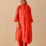 Scarlet Red Russian Silk Subtle Embroidered Kurti Set