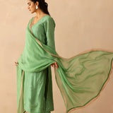 Spring Green Russian Silk Subtle Embroidered Kurti Set