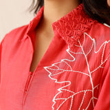 Coral Red Russian Silk Embroidered Kurti Set