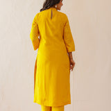 Golden Yellow Cotton Santoon Embroidered Kurti Set