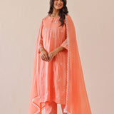 Salmon Pink Russian Silk Embroidered Kurti Set