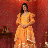 Saffron Yellow Organza Floral Printed Anarkali Set