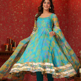 Cerulean Blue Organza Printed Anarkali Set