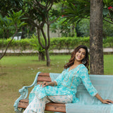 Ice Blue Cotton Floral Printed Kurti Set