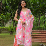 Multicolour Pink Georgette Floral Embroidered Kurti Set