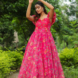 French Rose Pink Organza Floral Printed Gown