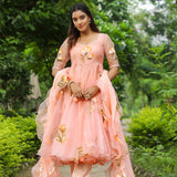 Peach Pink Organza Floral Anarkali Set