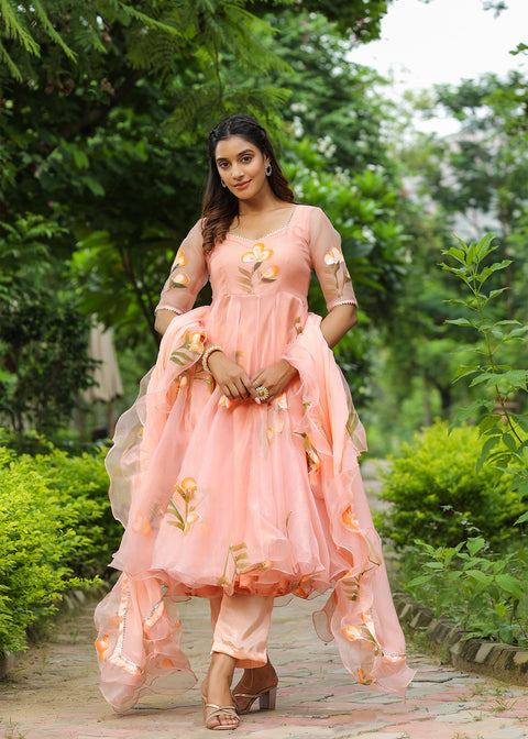 <img> Peach Pink Organza Floral Anarkali Set