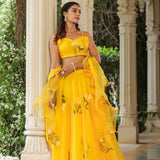 Sunflower Yellow Organza Floral Lehenga Set