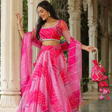 French Rose Organza Bandhani Printed Lehenga Set