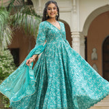 Teal Blue Cotton Floral Printed Anarkali Set