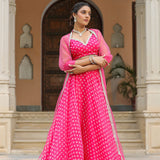Bright Pink Organza Bandhani Printed Lehenga Set