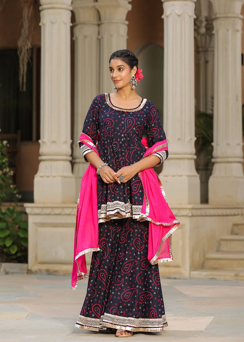 <img> Mulberry Blue Cotton Bandhani Printed Sharara Set