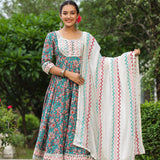 Persian Green Cotton Floral Printed Anarkali Set