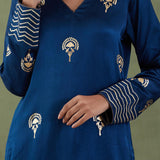 Dark Blue Floral Foil Print Straight Kurta Set