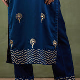 Floral Foil Print Dark Blue Straight Kurta And Pant