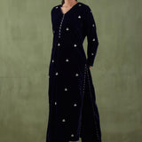 Embroidered Dark Blue Velvet Straight Kurta Set With Dupatta