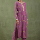Embroidered Lilac Straight Kurta And Pant With Banarashi Strip Dupatta