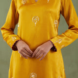 Mustard Foil Printed Mashru Silk Straight Kurta And Salwar With Velvet Shawl Set