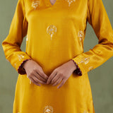 Foil Print Mustard Mashru Silk Straight Kurta Set