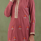 Embroidered Rose Pink Straight Kurta And Pant With Banarasi Strip Dupatta